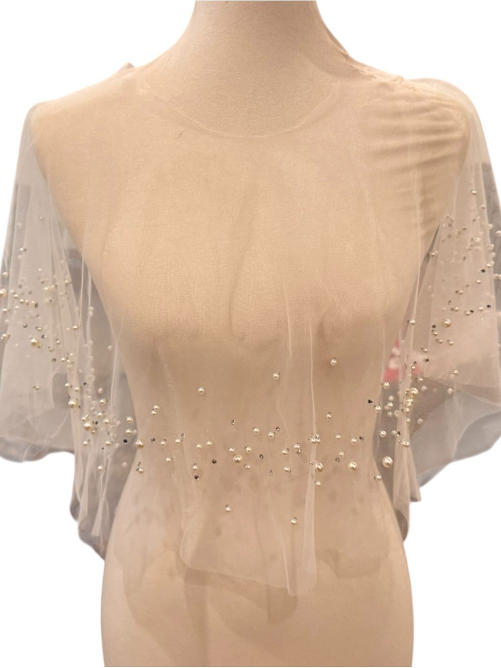 Sheer Pearl-Embellished Capelet - white